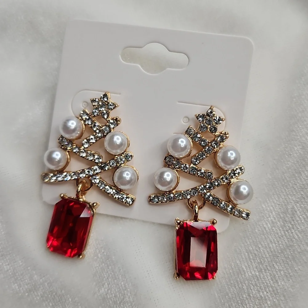 Ladies Christmas Tree Pearls Rhinestone Earrings Red Dangle Fashion Jewelry NEW